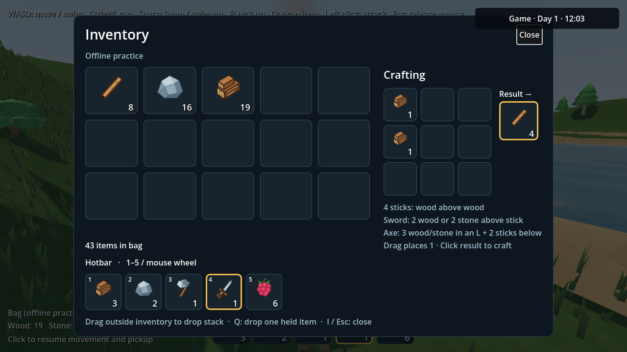 Icon-based inventory and a three-by-three crafting grid showing two wood yielding four sticks