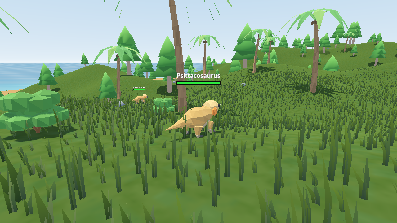 Psittacosaurus standing in grass with its name and green health bar above it