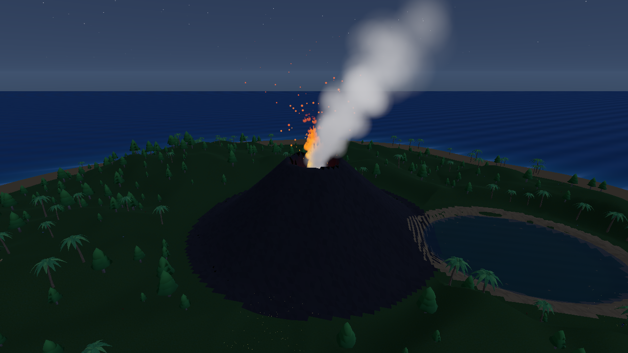 Island volcano glowing with flames beneath the night sky
